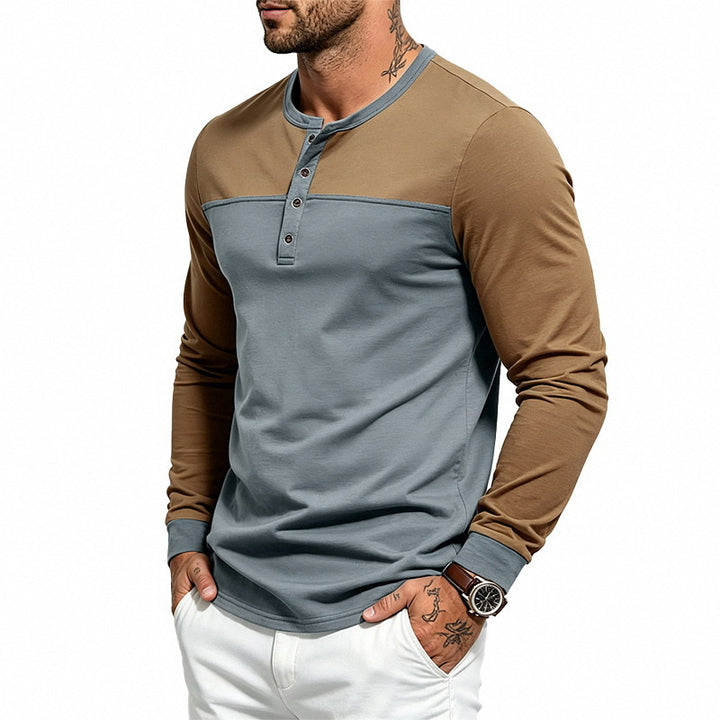 Herren Slim-Fit Henley-Langarmshirt mit Kontrastpaneel und Metallknopfleiste Drune