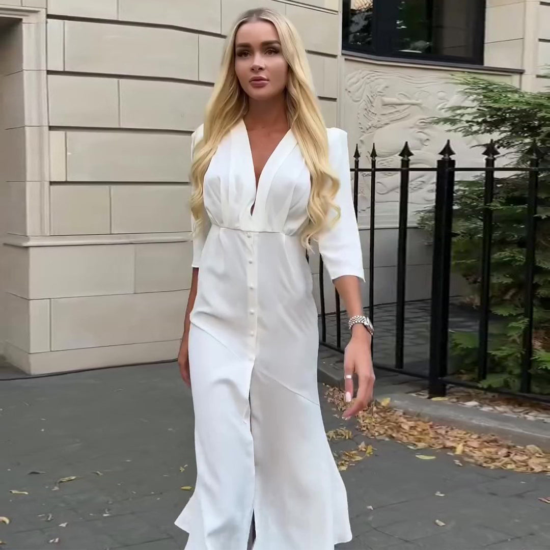 Damen Hemdblusenkleid mit elegantem V-Ausschnitt und Knopfleiste Drune