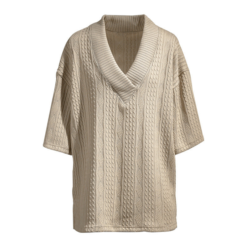 Damen nan Kurzarm-Strickpullover im weiten Schnitt mit tiefem V-Kragen und Zopfmuster Drune