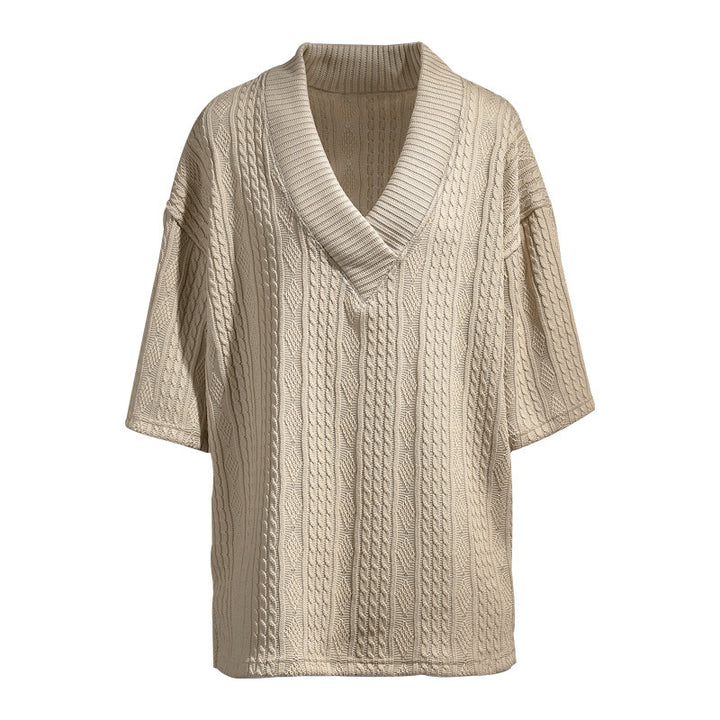 Damen nan Kurzarm-Strickpullover im weiten Schnitt mit tiefem V-Kragen und Zopfmuster Drune