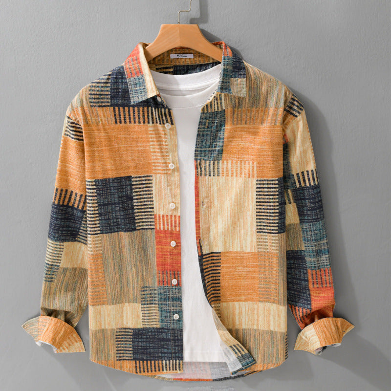 Herren Gemustertes Langarm-Hemd im Patchwork-Look aus leichtem Baumwollmix Relaxed Fit Drune