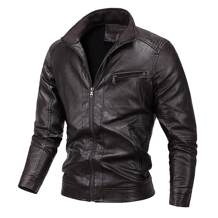 Herren Slim-Fit Kunstlederblouson mit gesteppter Schulterpartie und Stehkragen Drune