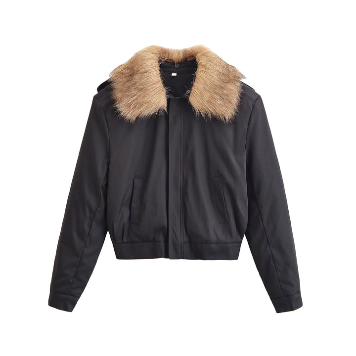 Damen Kurze Bomberjacke mit abnehmbarem Faux-Fur-Kragen Drune