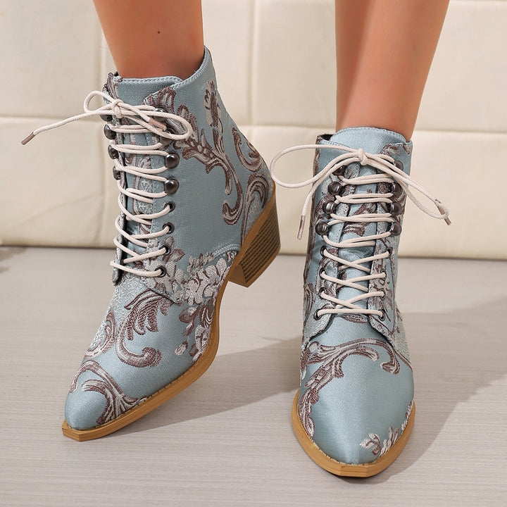 Damen bestickte Schnür-Stiefelette mit Jacquard-Brokatmuster und niedrigem Blockabsatz Drune