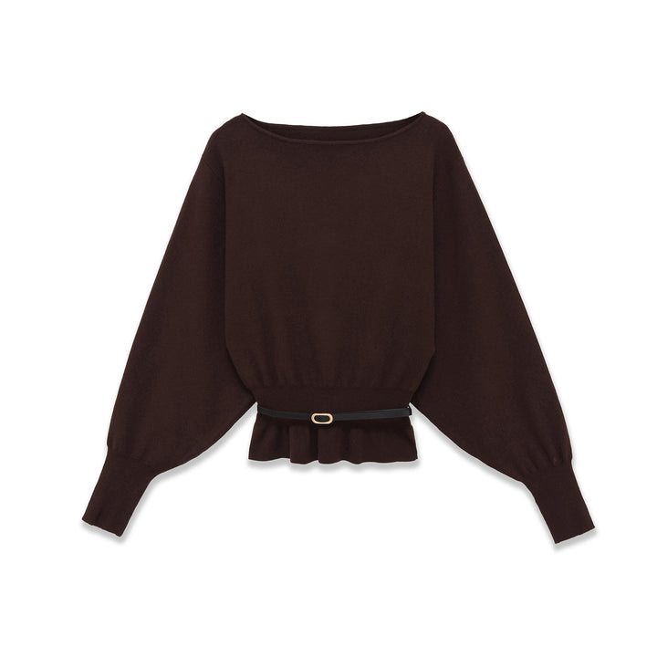 Damen nan Fledermaus-Pullover mit weitem Ärmel, gerafftem Taillenbund und schmalem Gürtel Drune
