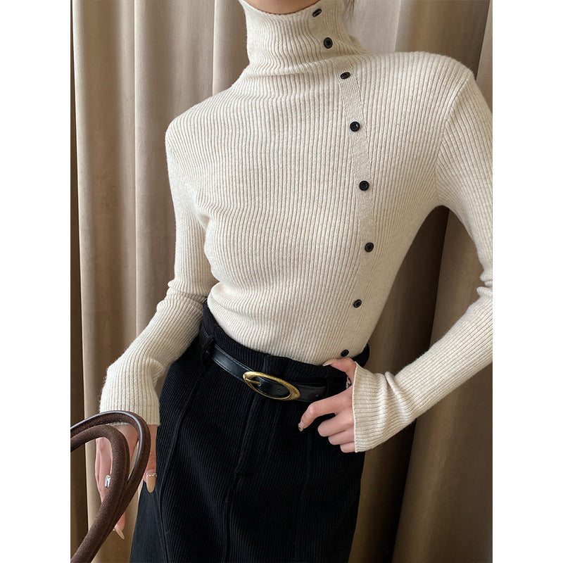 Damen eleganter Strickpullover mit hohem Kragen und dekorativen Knopfdetails Drune