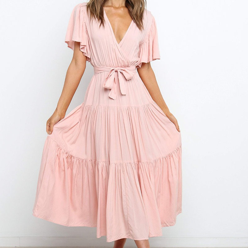 Damen Fließendes Maxi-Kleid mit Wickelbindung und Schmetterlingsärmeln Drune