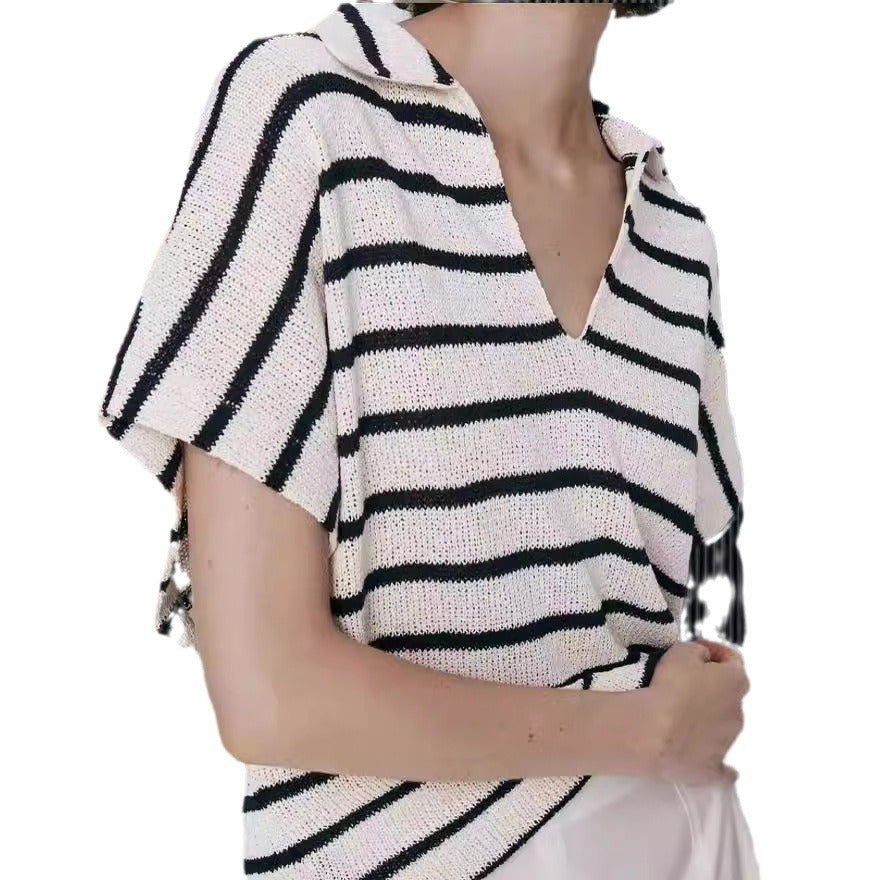 Damen Strickoberteil mit elegantem Kragen und modischem Streifenmuster Drune