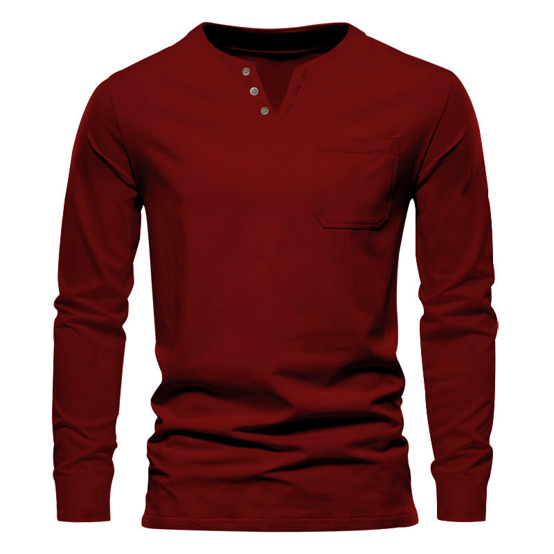 Herren nan modernes Henley-Langarmshirt mit asymmetrischer Knopfleiste und Brusttasche Drune