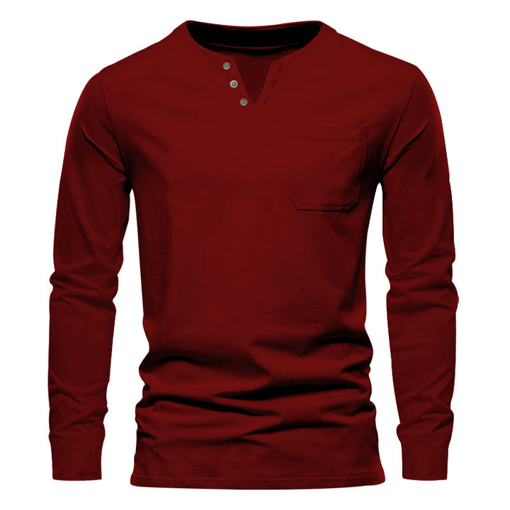 Herren nan modernes Henley-Langarmshirt mit asymmetrischer Knopfleiste und Brusttasche Drune