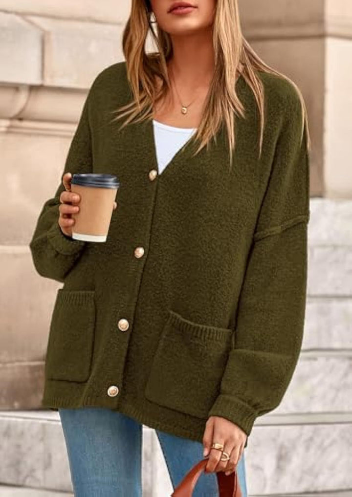 Damen Oversize Strickcardigan mit V-Ausschnitt, goldenen Zierknöpfen und aufgesetzten Taschen Drune