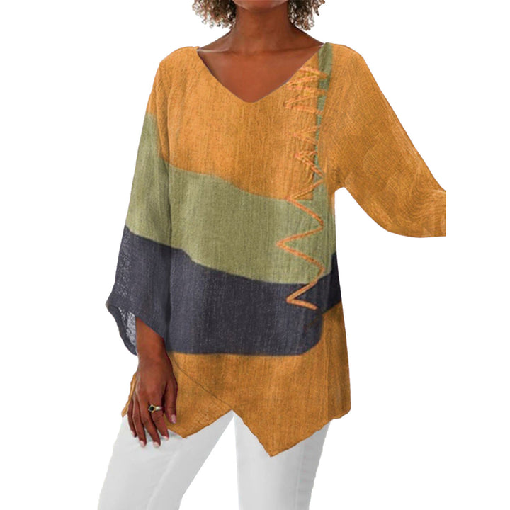 Frauen Casual A-Linien Leinenlook Tunika mit Farbblockstreifen und V-Ausschnitt Drune