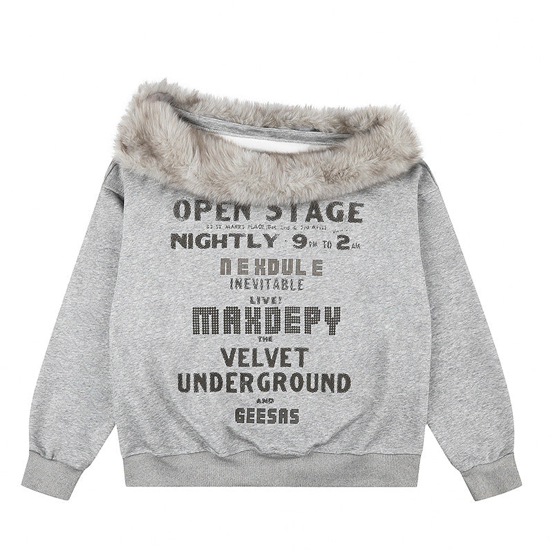 Damen Oversize-Sweatshirt mit Kunstfellkragen, weichem Innenfutter und typografischem Statement-Print Drune