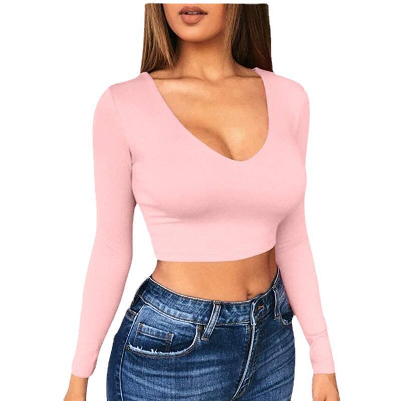 Damen modisches Crop-Top mit tiefem V-Ausschnitt und langen Ärmeln Drune