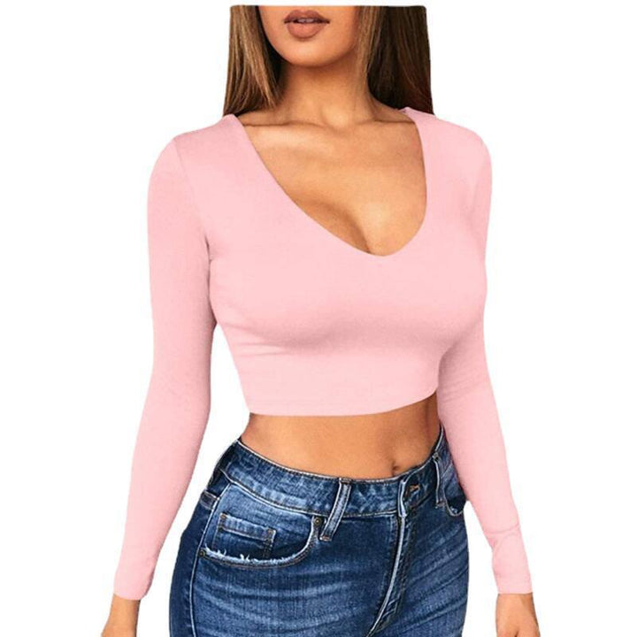 Damen modisches Crop-Top mit tiefem V-Ausschnitt und langen Ärmeln Drune