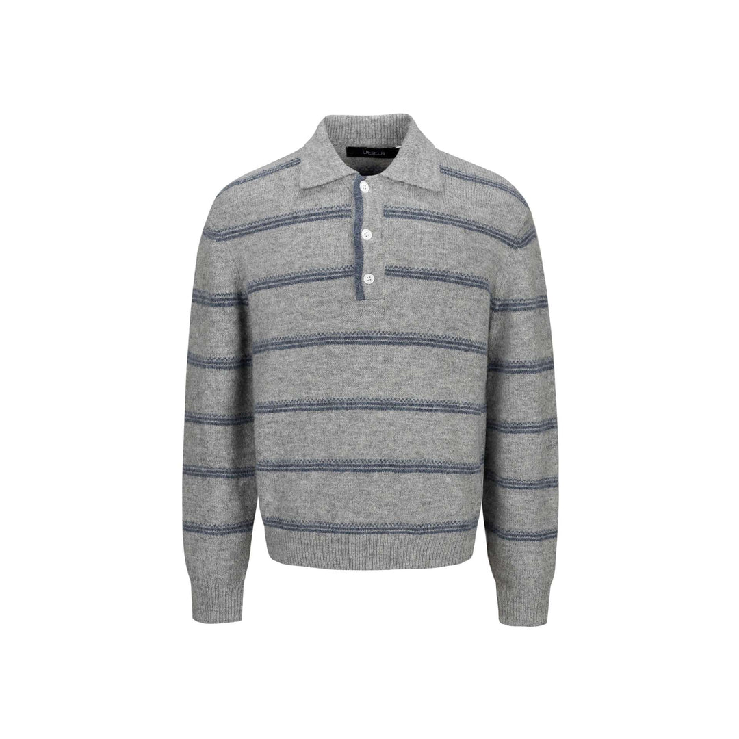 Herren Grobgestrickter Polokragenpullover mit Halbdruckknopfblende und Streifenstruktur Drune