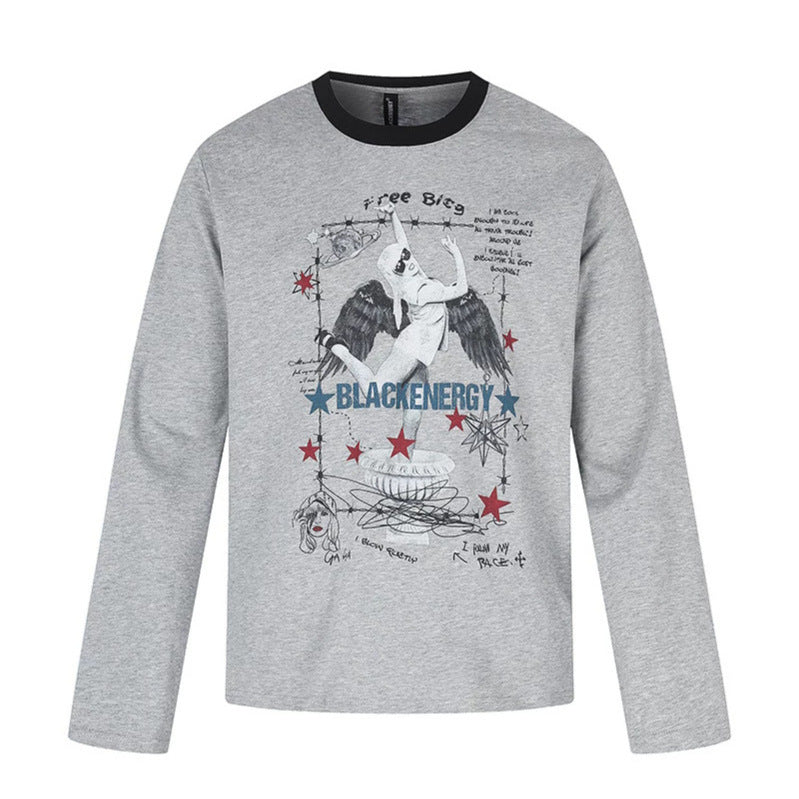 Damen Langarmshirt mit Vintage-Illustration, Kontrastkragen und Relaxed-Fit Drune