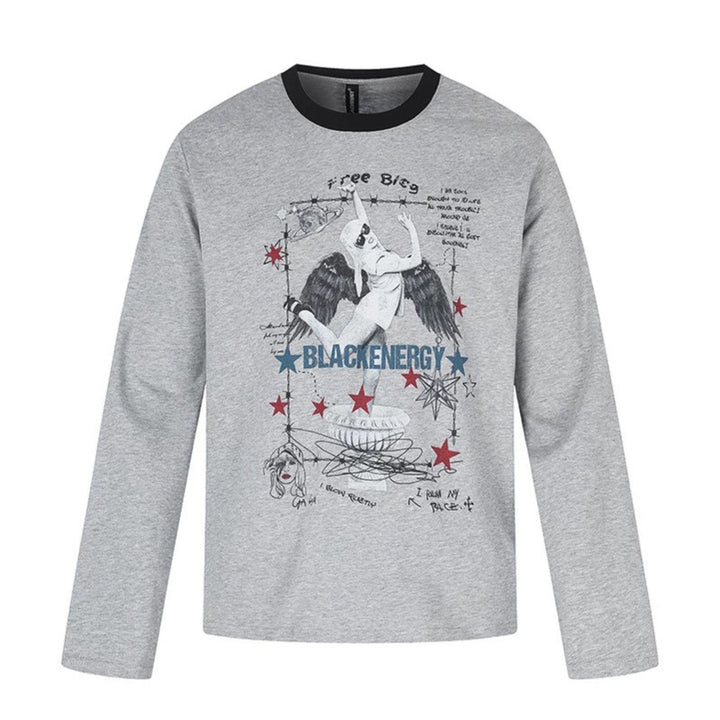 Damen Langarmshirt mit Vintage-Illustration, Kontrastkragen und Relaxed-Fit Drune