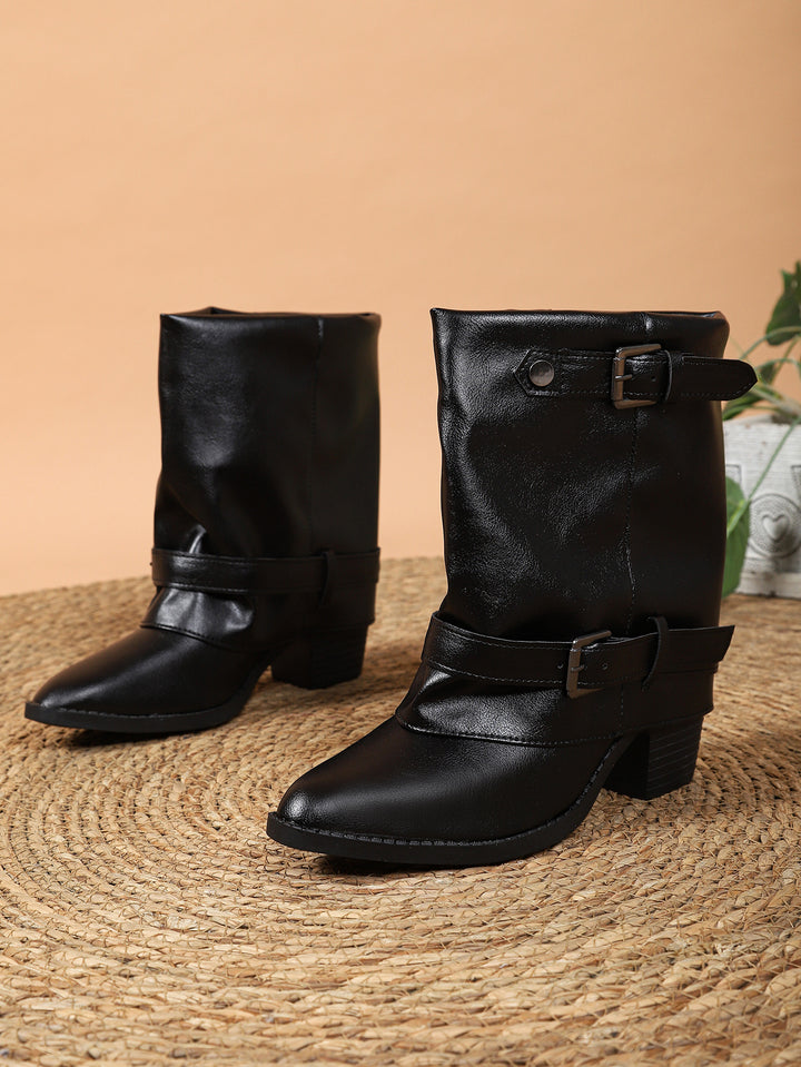 Damen halbhohe Stiefel mit dekorativen Schnallenriemen und Blockabsatz Drune