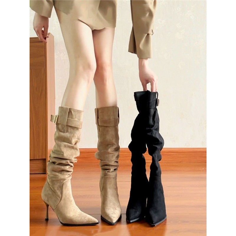 Damen Kniehohe Stiefel mit gerafftem Schaft, spitzer Zehenpartie und schmalem Stiletto Drune
