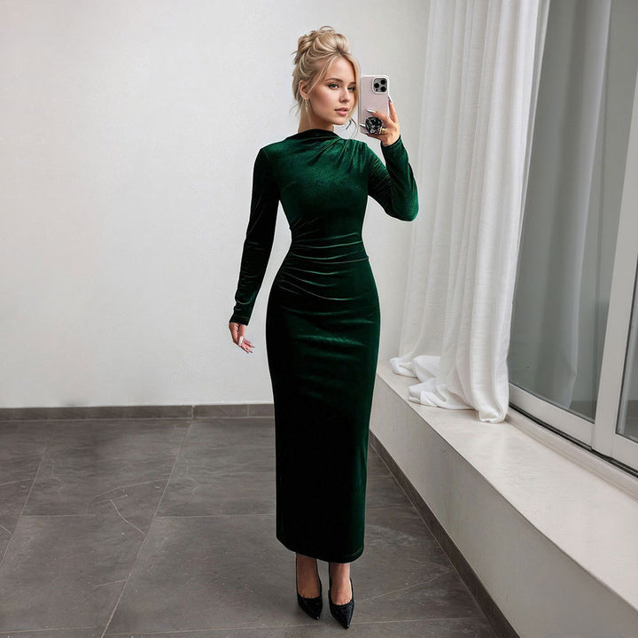 Damen elegantes Maxikleid mit langem Arm und drapiertem Design Drune