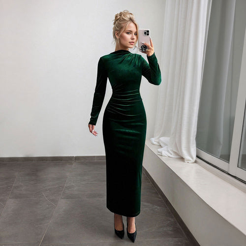 Damen elegantes Maxikleid mit langem Arm und drapiertem Design Drune