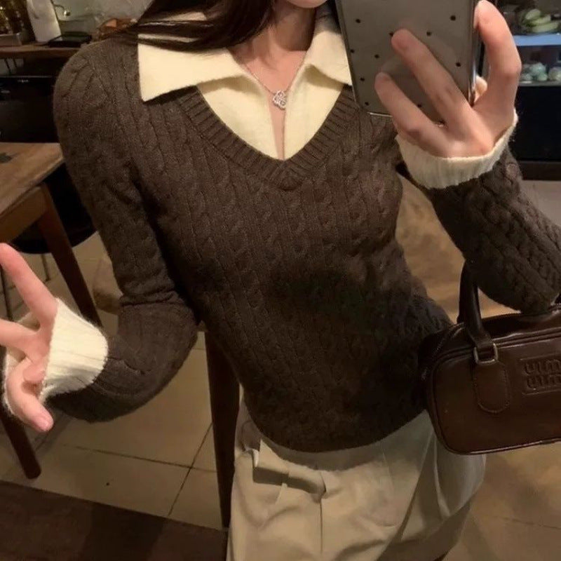 Damen Ribbed Strickpullover mit Hemdkragen und Krawatte Drune