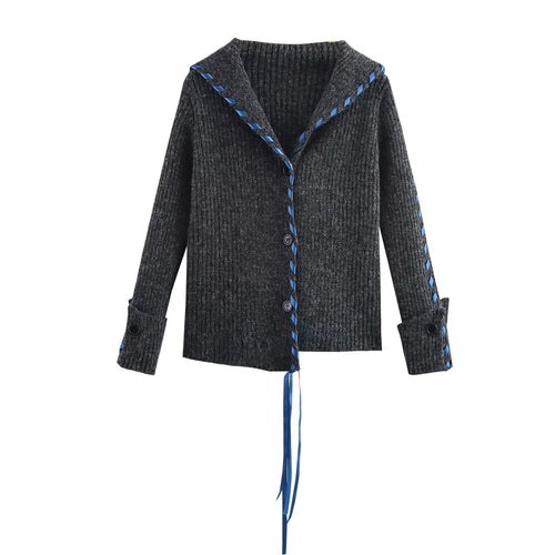 Damen Gerippte Strickjacke mit Matrosenkragen, Zierband‑Schnürung und Knopfleiste Drune