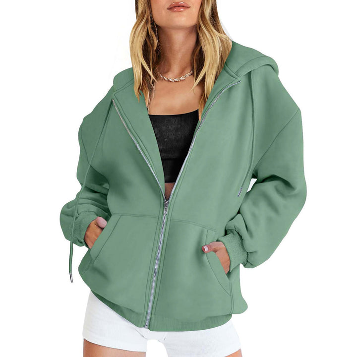 Damen Fleece-Zipjacke im Oversize-Stil mit Kapuze, Kängurutaschen und elastischem Saum Drune