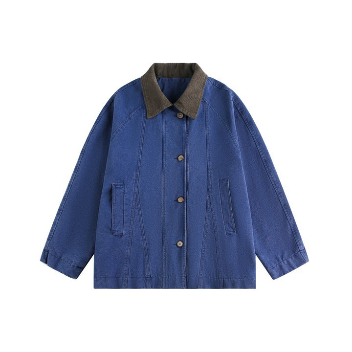 Unisex Kurz geschnittener Boxy-Jeansblouson mit Cordkragen und tonalen Ziernähten Drune