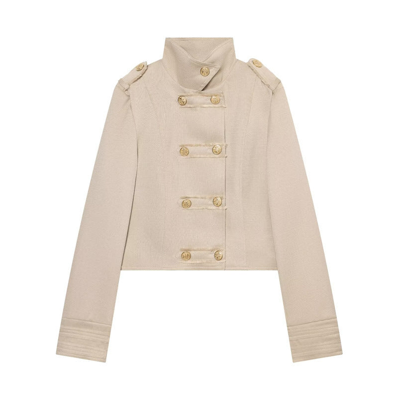 Damen Cropped Militärblazer mit Stehkragen, Epauletten und dekorativer Zierknopfleiste Drune