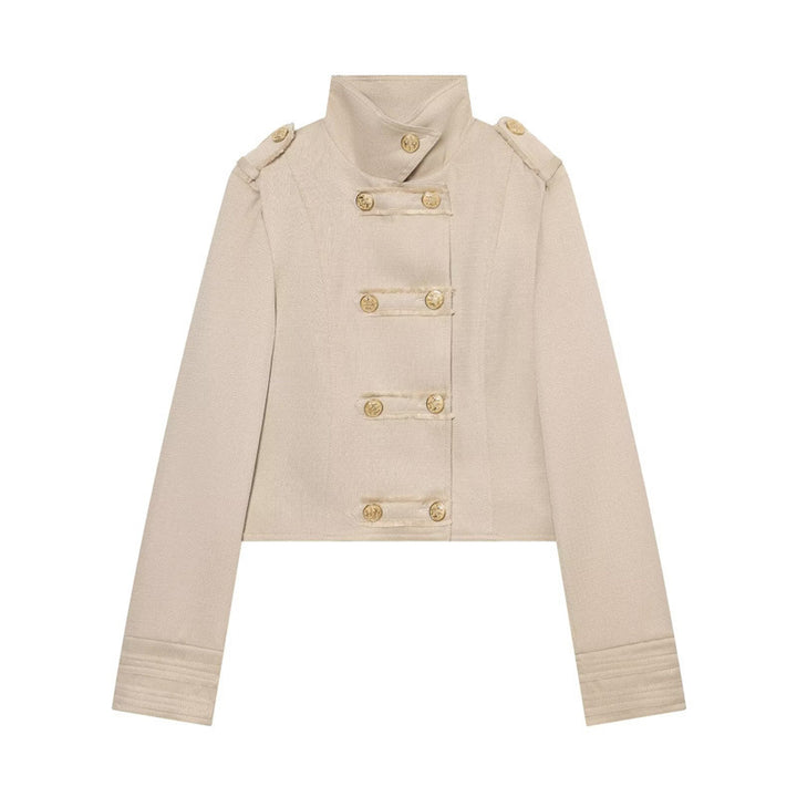 Damen Cropped Militärblazer mit Stehkragen, Epauletten und dekorativer Zierknopfleiste Drune