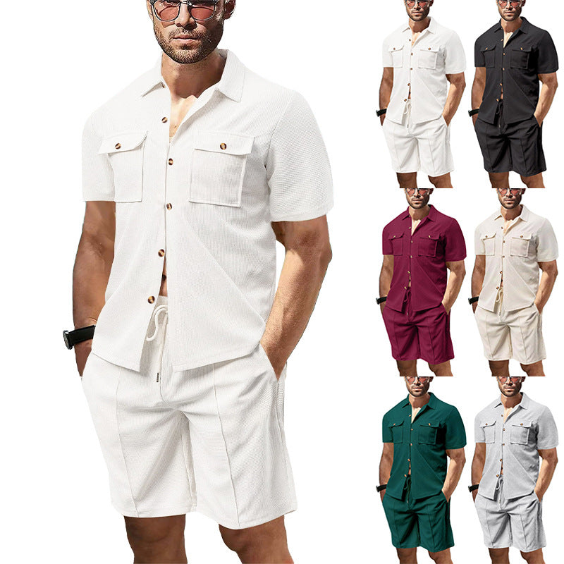 Herren nan modernes Kurzarm-Hemden-Set im Resortstil mit aufgesetzten Pattentaschen, offenem Reverskragen und Kordelzug-Bermuda aus Strukturjersey Drune