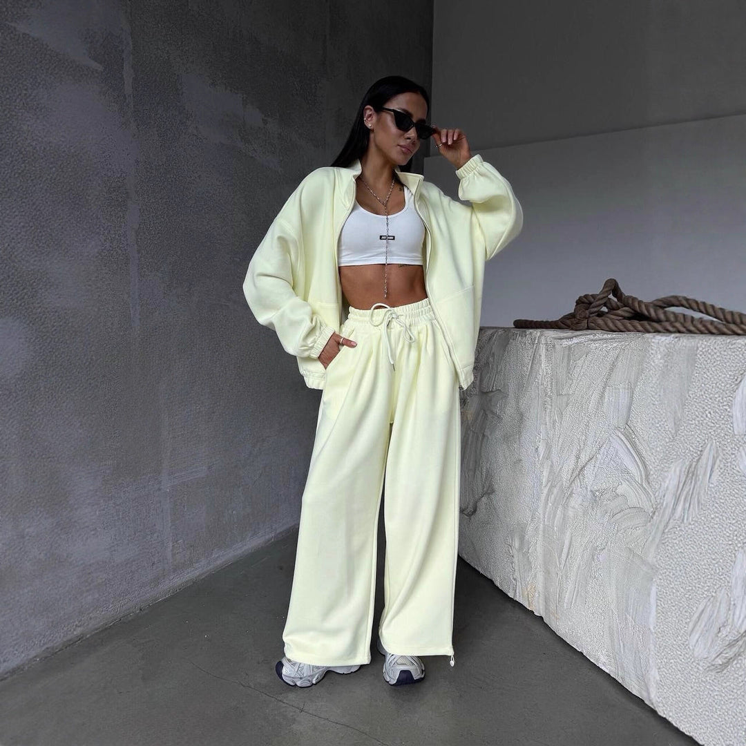 Damen lässiger Freizeitanzug mit oversized Jacke und weitem Bund Drune