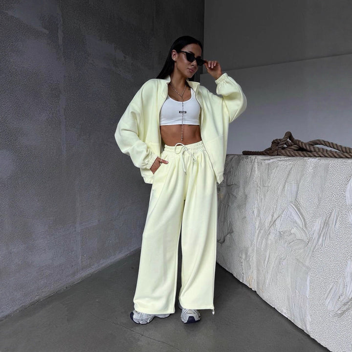 Damen lässiger Freizeitanzug mit oversized Jacke und weitem Bund Drune