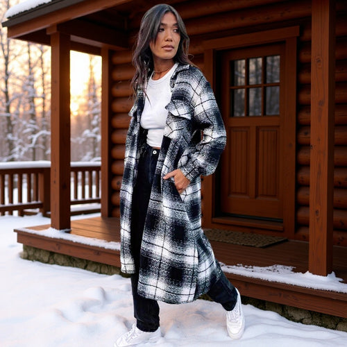Damen Longline-Karo-Überhemd mit Oversize-Schnitt und aufgesetzten Pattentaschen Drune