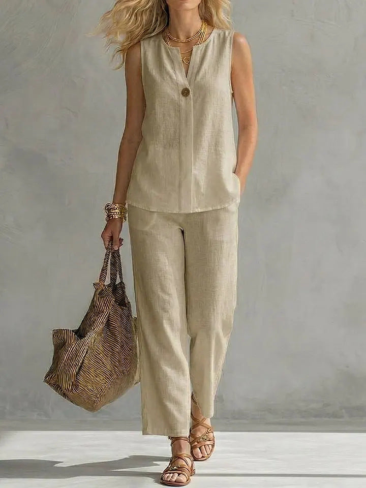 Damen Lässiges zweiteiliges Set mit ärmelloser Bluse und modischen Hosen Drune