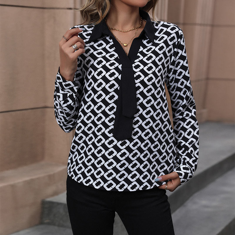 Damen Gemusterte Chiffon-Bluse mit Krawatten-Detail und geometrischem Print Drune