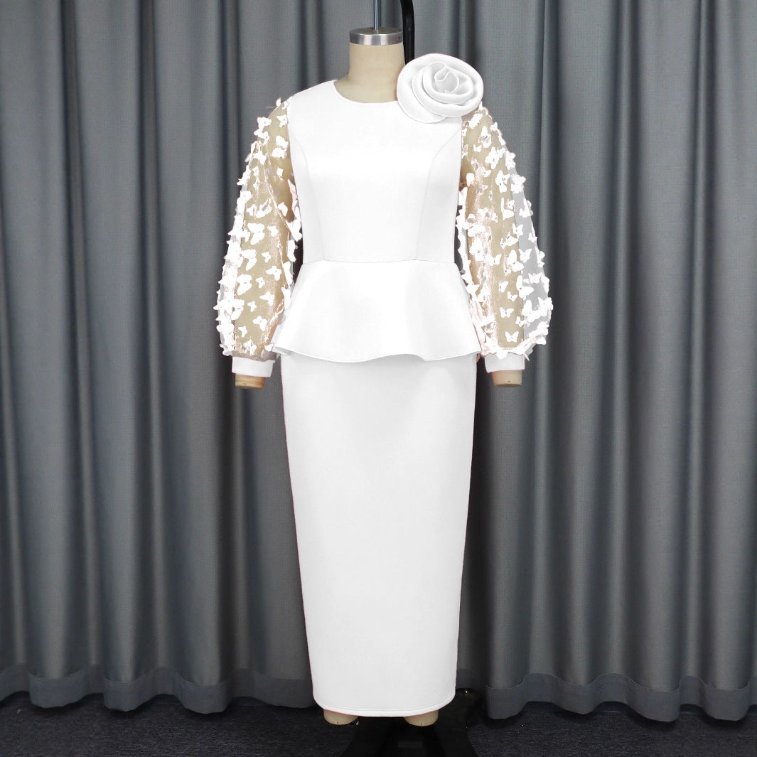Damen Elegantes Kleid mit extravaganten Puffärmeln und floralem Detail Drune