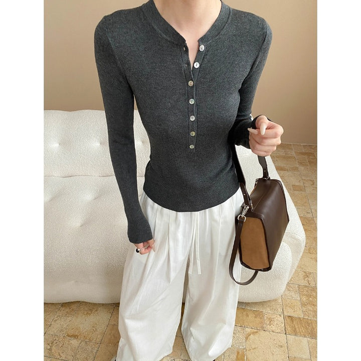Damen Langarm-Henley-Shirt aus feinem Rippmaterial mit Knopfleiste Drune