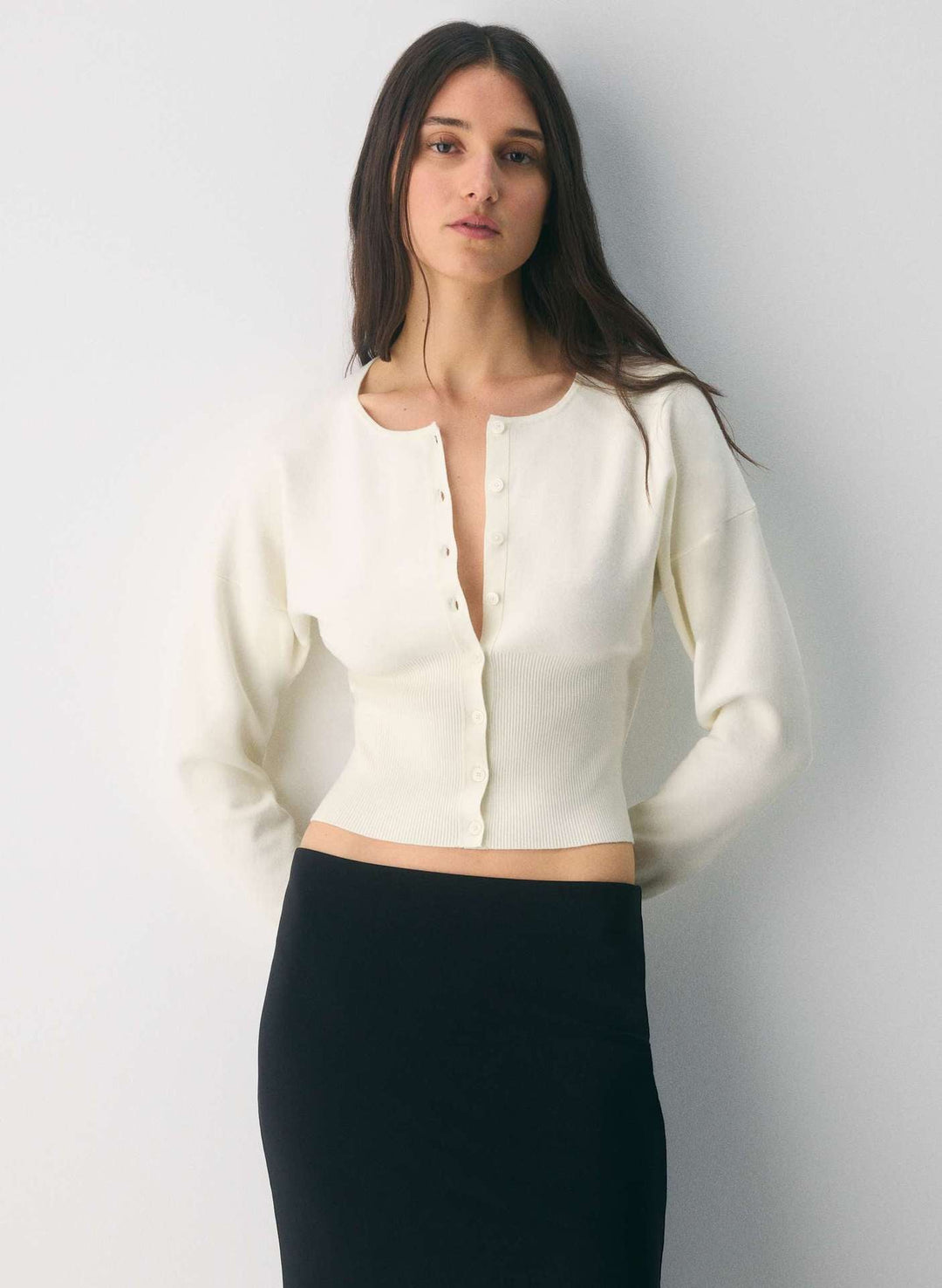 Damen Cropped Strickjacke mit Knopfleiste und Rippstrick Drune