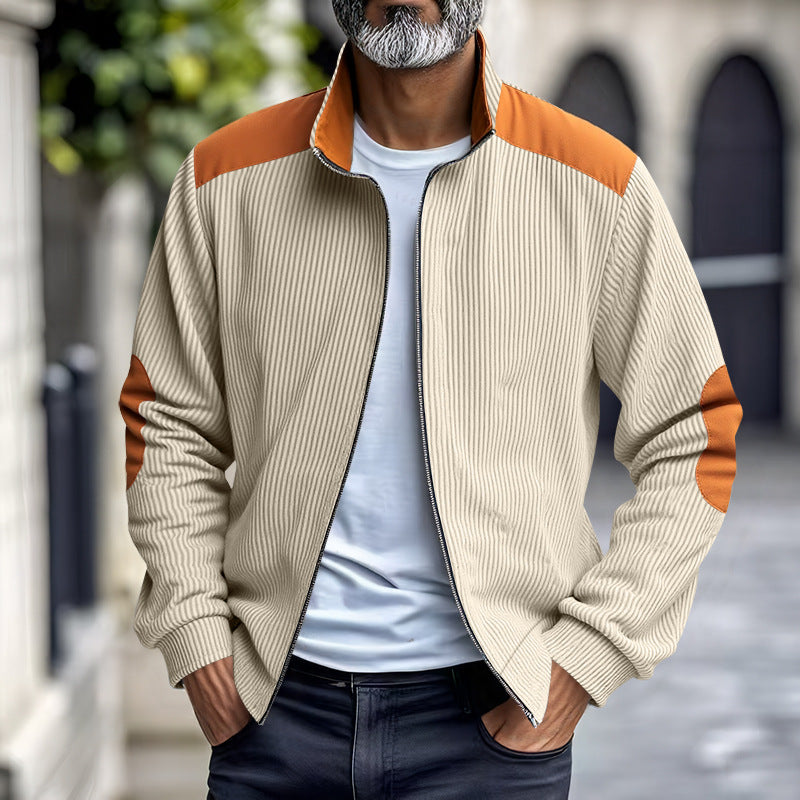 Herren nan gerippte Stehkragen-Sweatjacke mit durchgehendem Reißverschluss, Schulter- und Ellbogen-Patches Drune