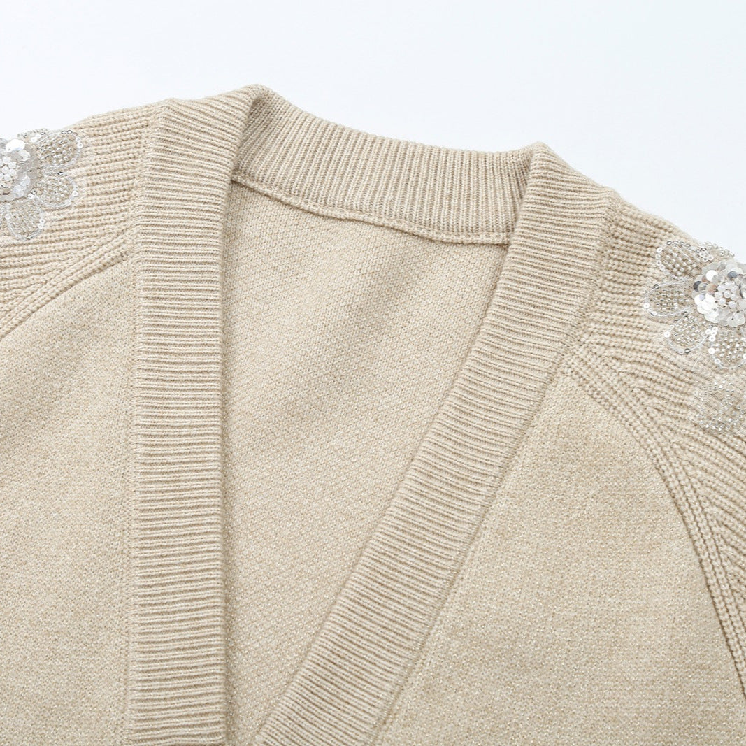 Damen Strick-Midikleid mit tiefem V-Ausschnitt, Taillengürtel und paillettenverzierten Ärmeln Drune