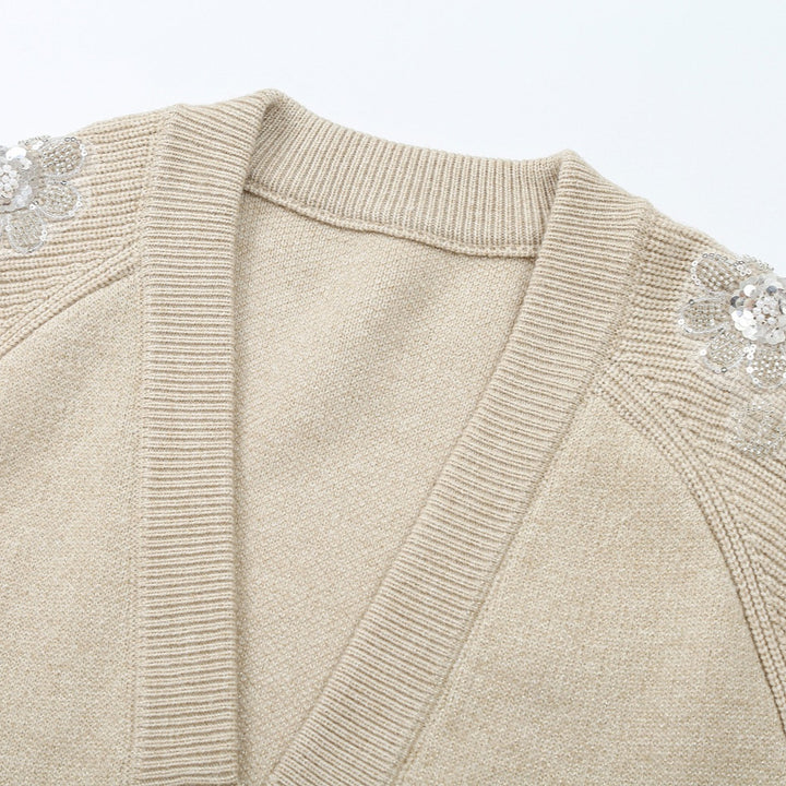 Damen Strick-Midikleid mit tiefem V-Ausschnitt, Taillengürtel und paillettenverzierten Ärmeln Drune