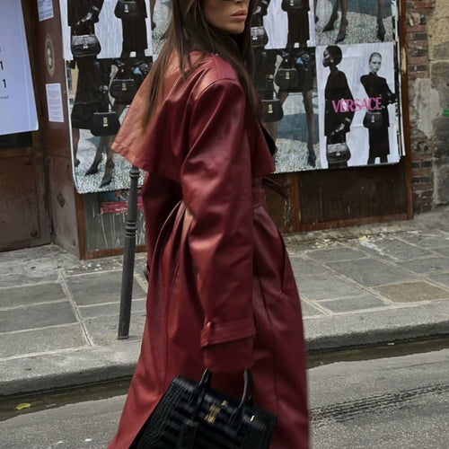 Damen nan langer veganer Trenchcoat aus Lederimitat mit Schalkragen, Bindegürtel und verstellbaren Ärmelriegeln Drune