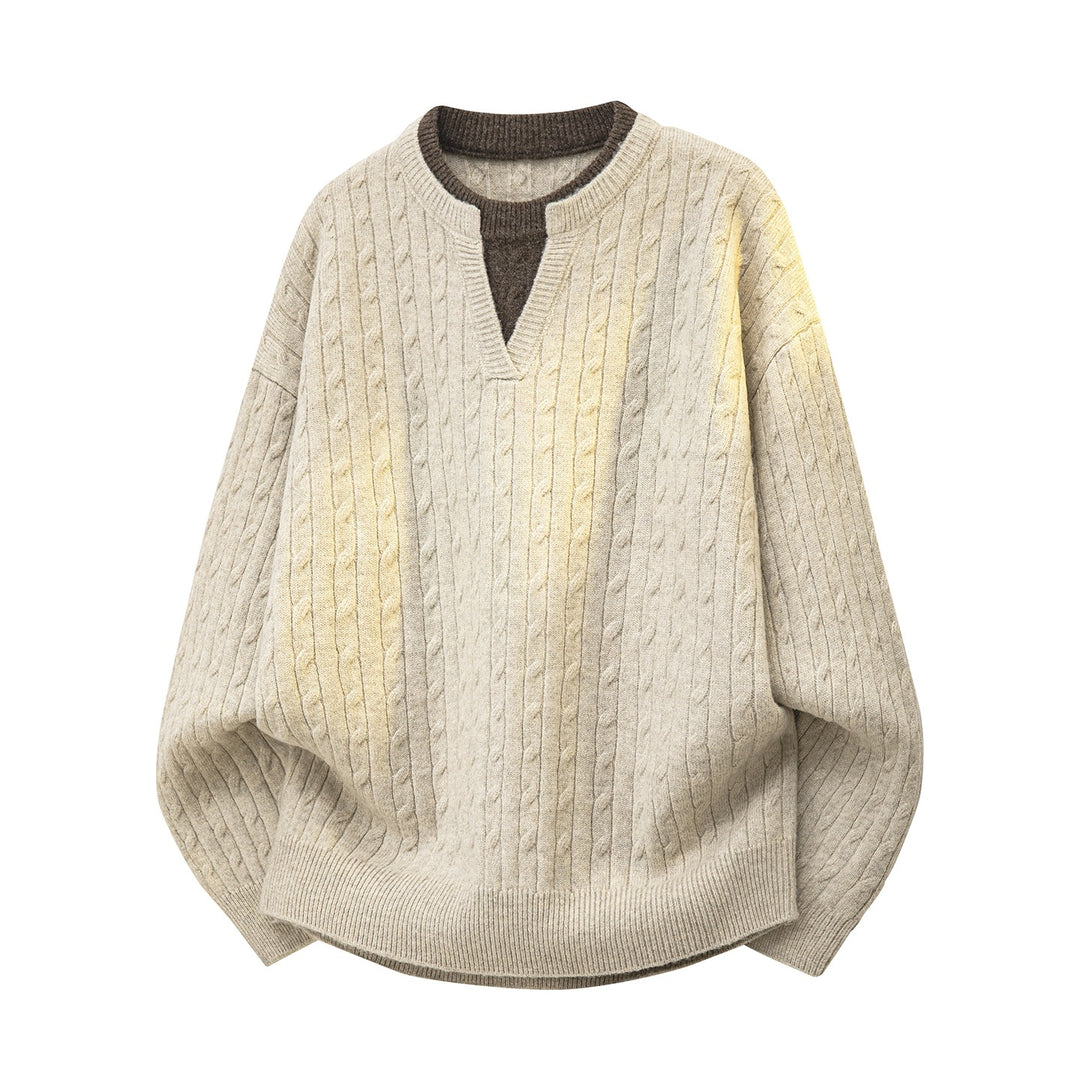 Damen Oversize Zopfstrick-Pullover mit V‑Ausschnitt und Lagenkragen Drune