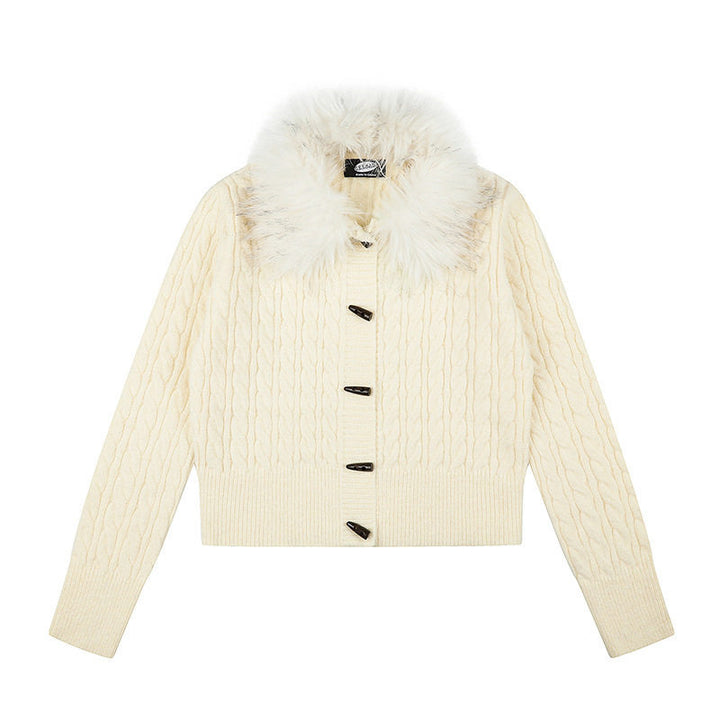 Damen Kurze Zopfmuster-Strickjacke mit abnehmbarem Kunstpelzkragen und Knebelknopfverschluss Drune