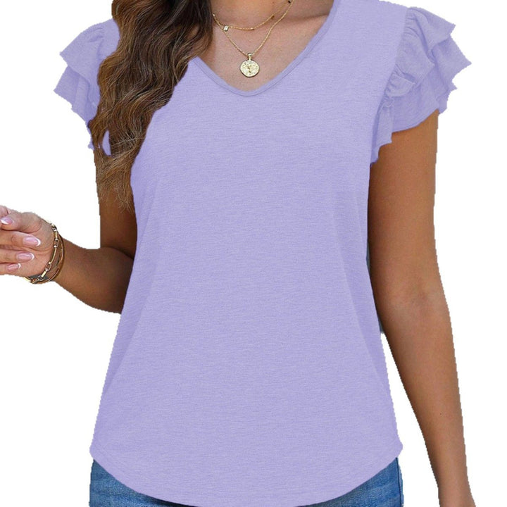 Damen V-Ausschnitt T-Shirt mit Rüschendetails und weich fließendem Stoff Drune