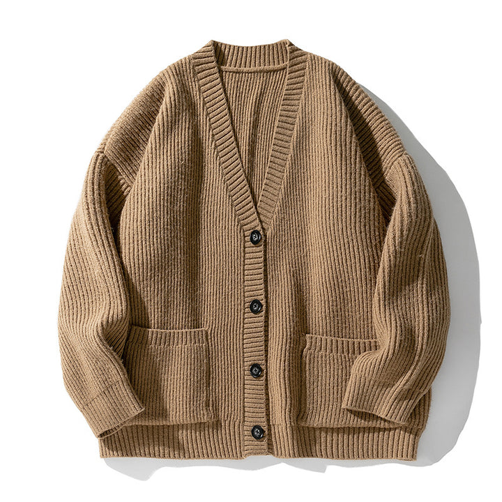 Unisex Oversize Strickcardigan mit V‑Ausschnitt, Knopfleiste und aufgesetzten Taschen Drune