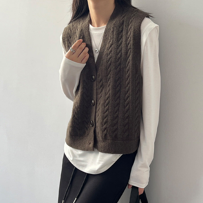 Damen elegante Strickweste mit Zopfmuster und Knopfdetails Drune